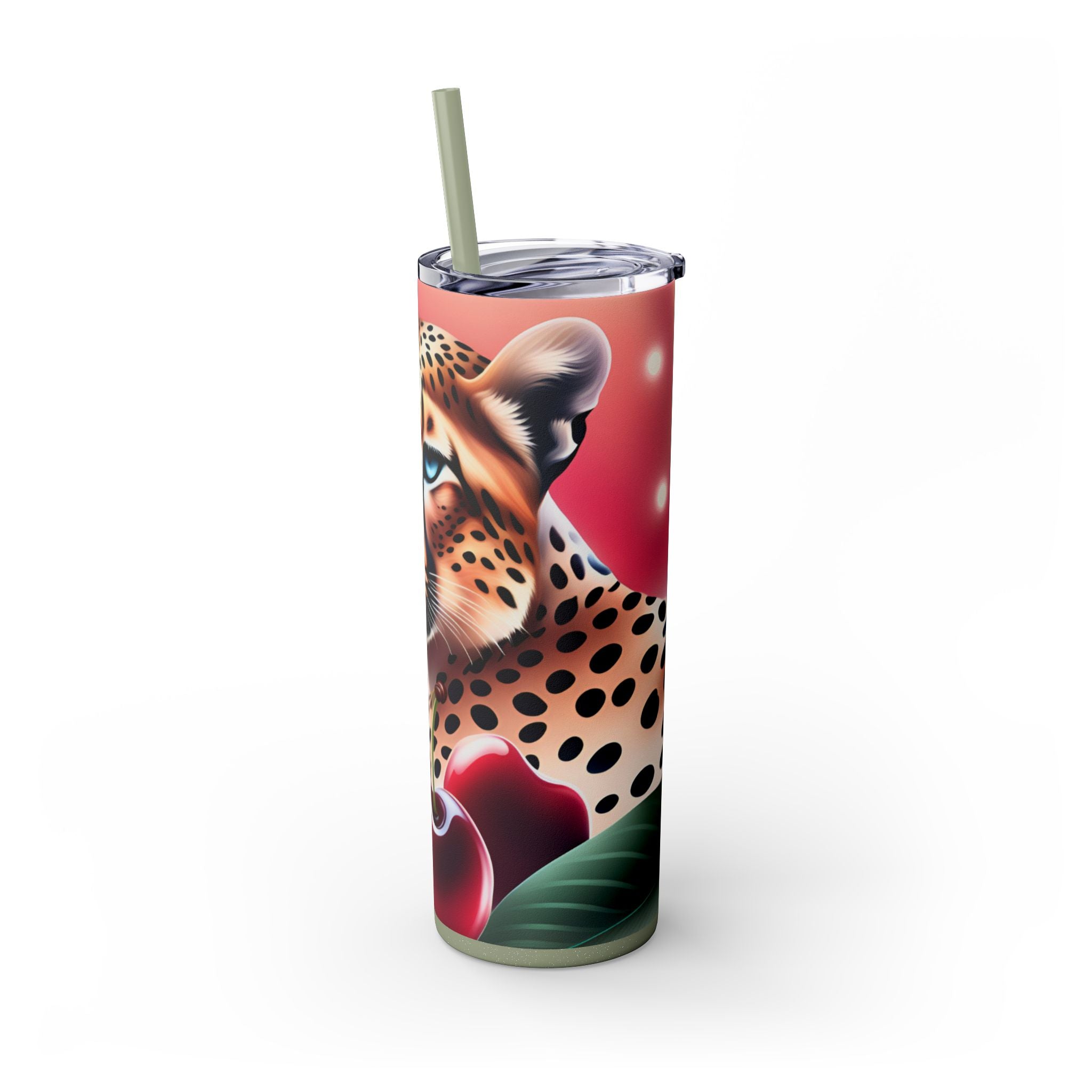 Wild Cherry Leopard Skinny Tumbler with Straw, 20oz - Vibrant Travel Mug for Nature Lovers