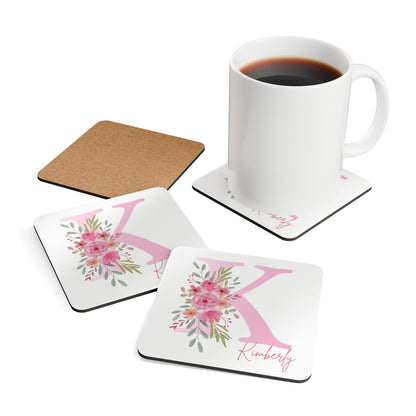 Personalized Floral Initial Corkwood Coaster Set