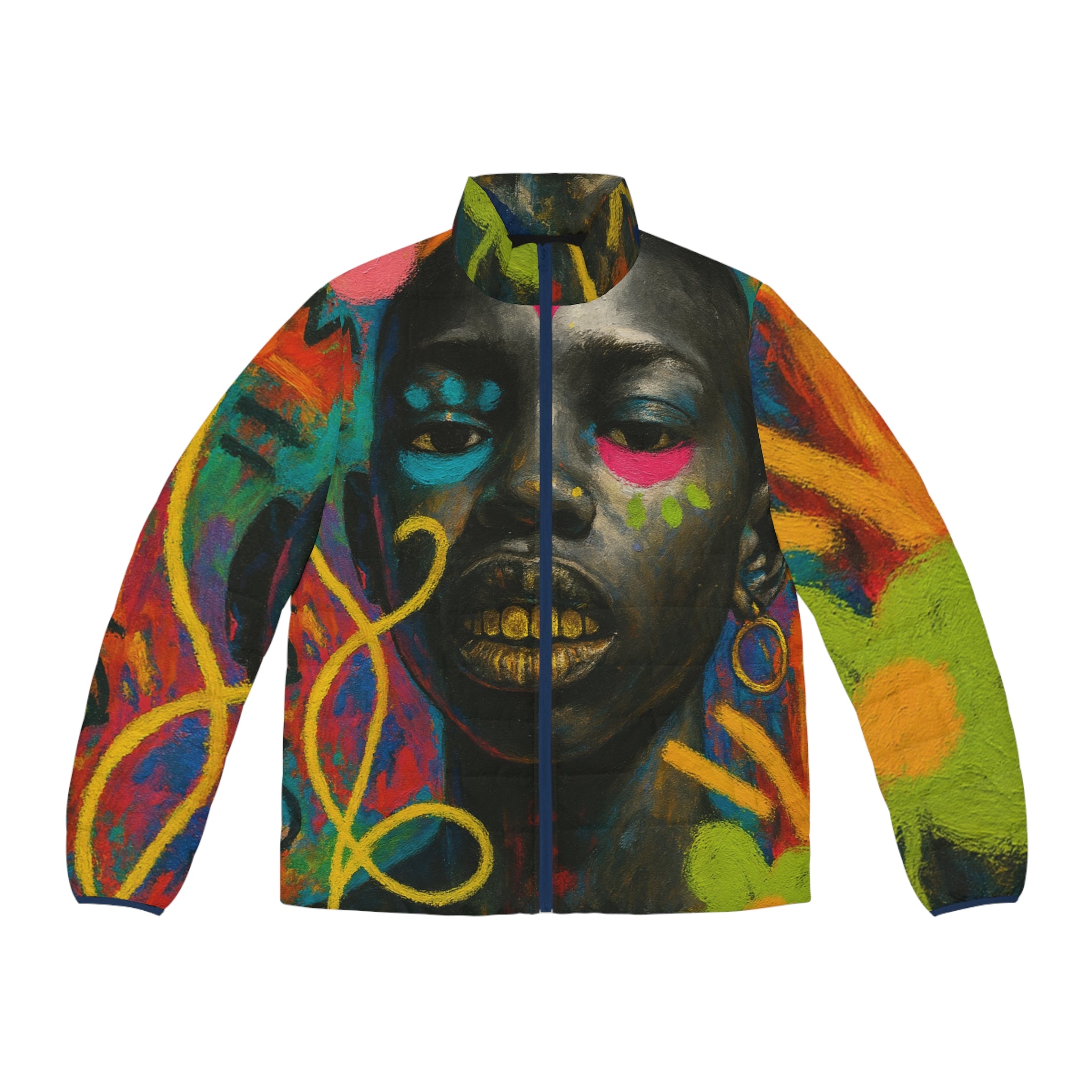 Graffiti Portrait Puffer Jacket — Bold Urban Art Winter Coat