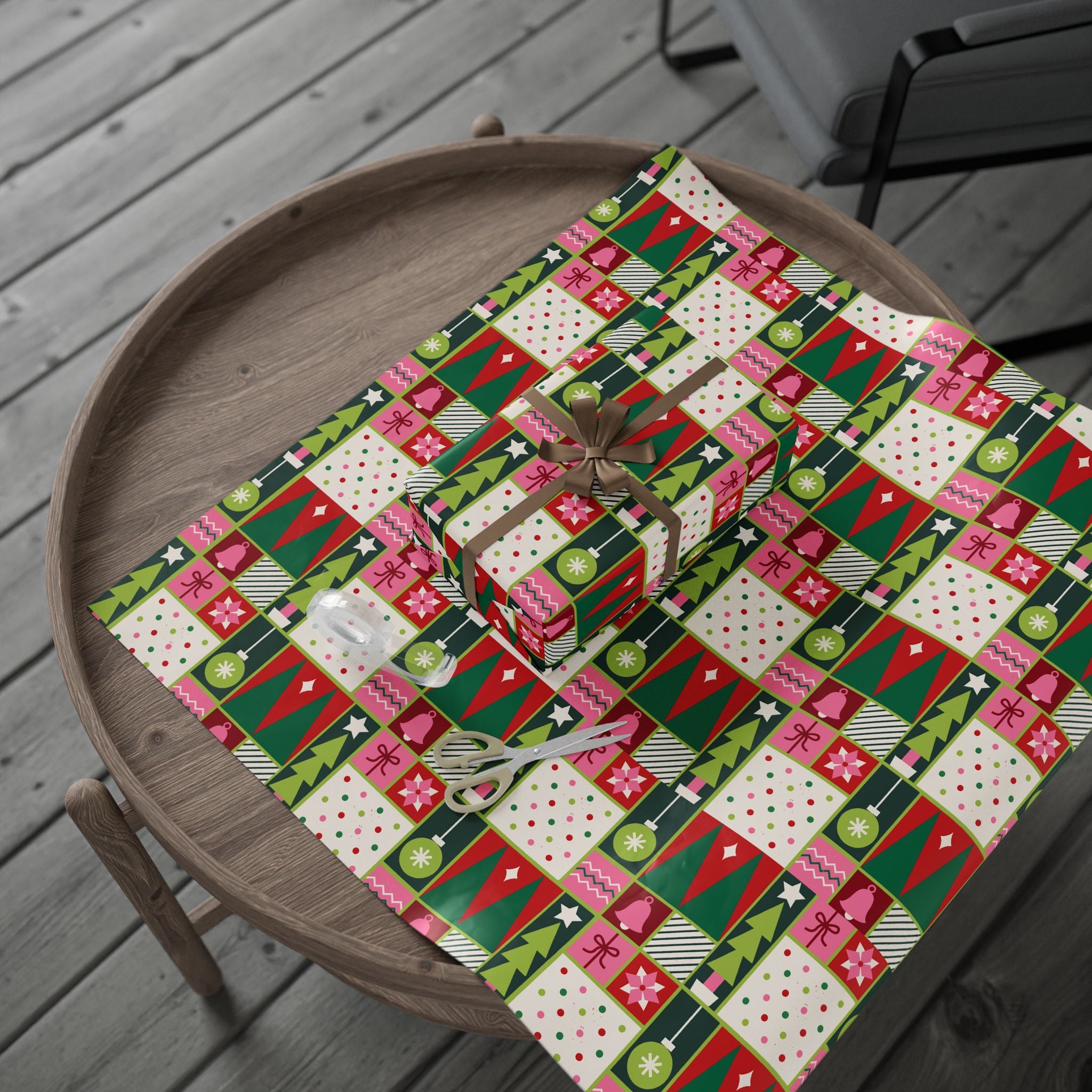 Christmas Patchwork Wrapping Paper Roll — Festive Green & Red Holiday Gift Wrap
