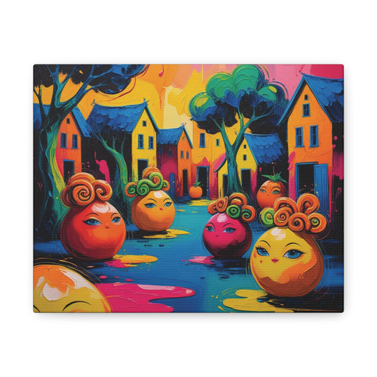 Vibrant Art Canvas Gallery Wraps - Whimsical Colorful Village Scene