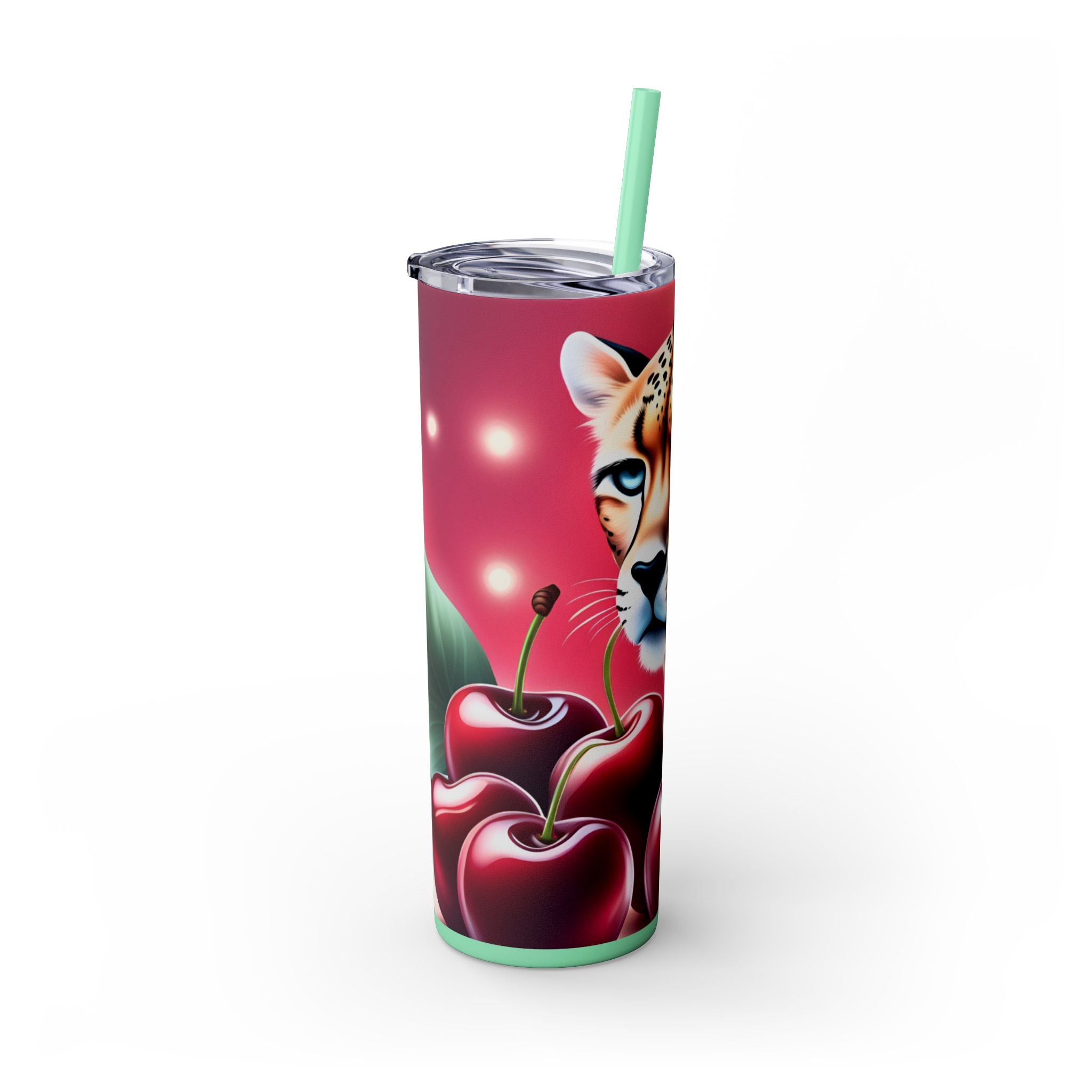 Wild Cherry Leopard Skinny Tumbler with Straw, 20oz - Vibrant Travel Mug for Nature Lovers