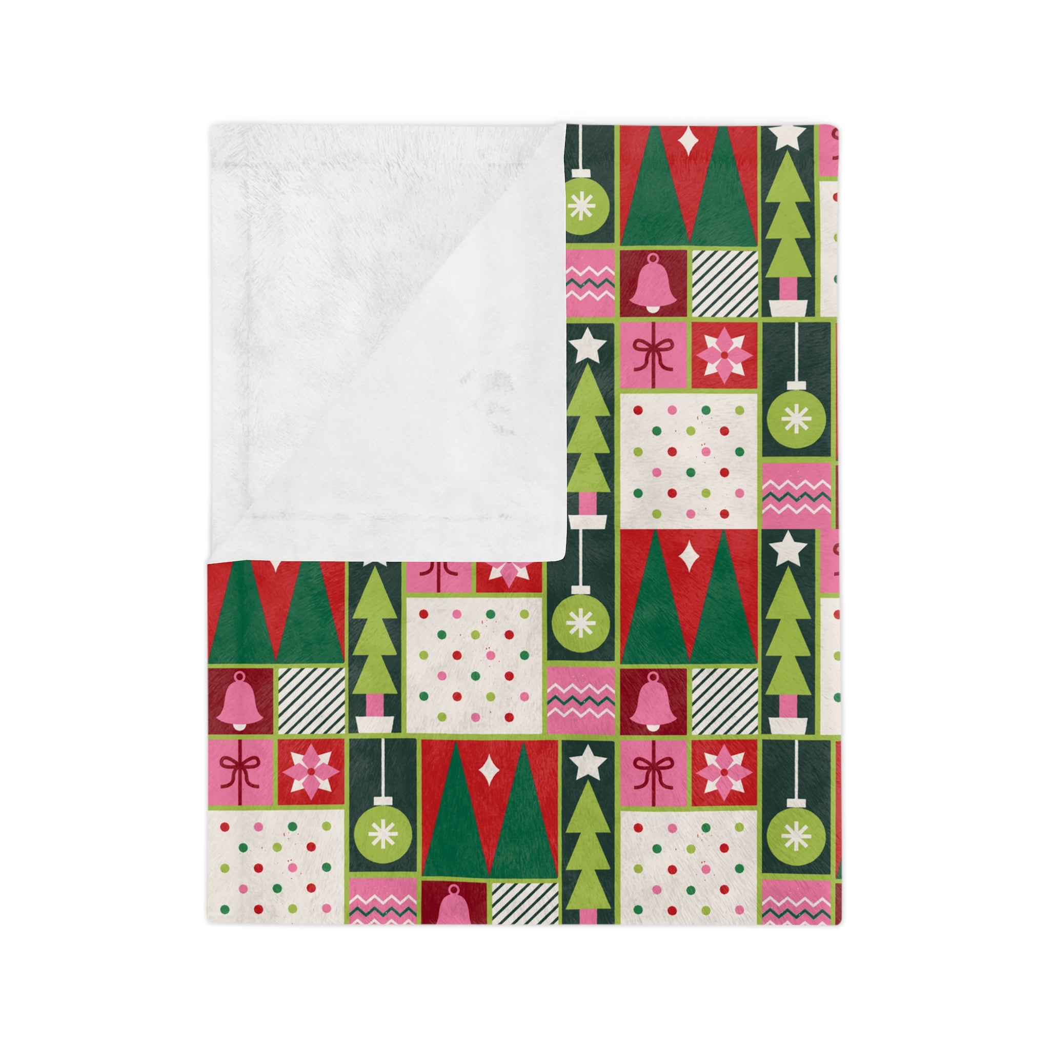 Christmas Patchwork Velvet Blanket — Retro Trees & Ornaments Holiday Throw