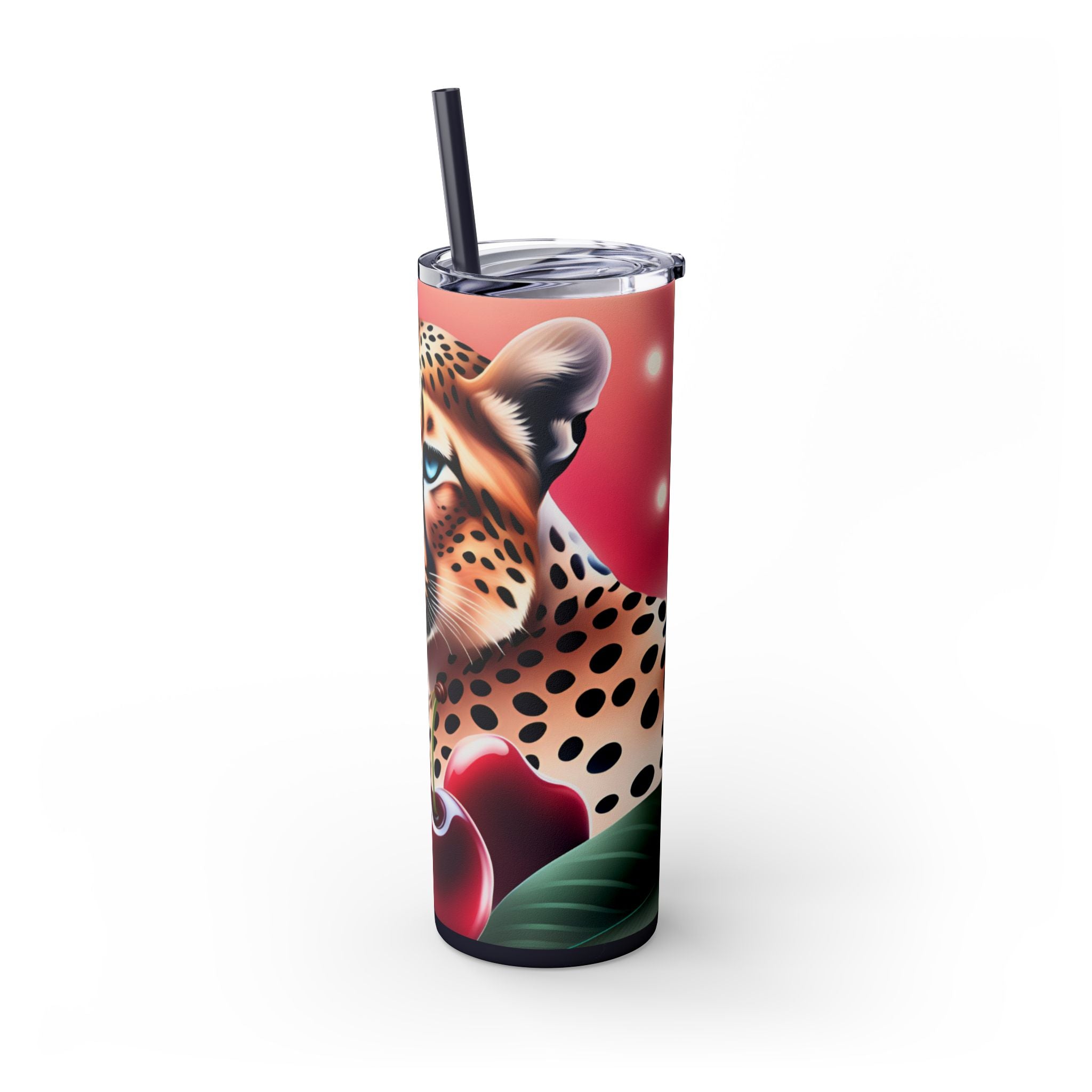 Wild Cherry Leopard Skinny Tumbler with Straw, 20oz - Vibrant Travel Mug for Nature Lovers