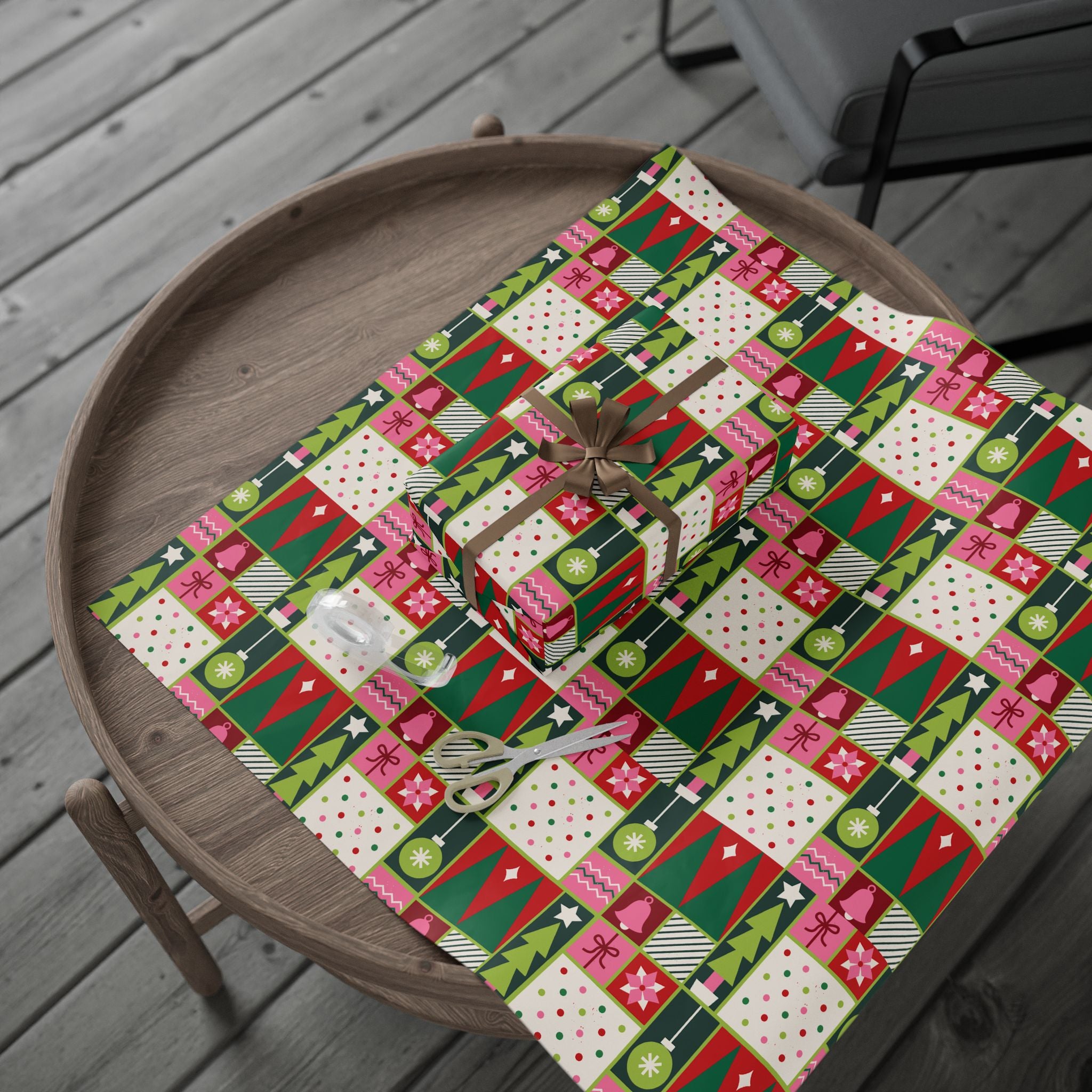 Christmas Patchwork Wrapping Paper Roll — Festive Green & Red Holiday Gift Wrap