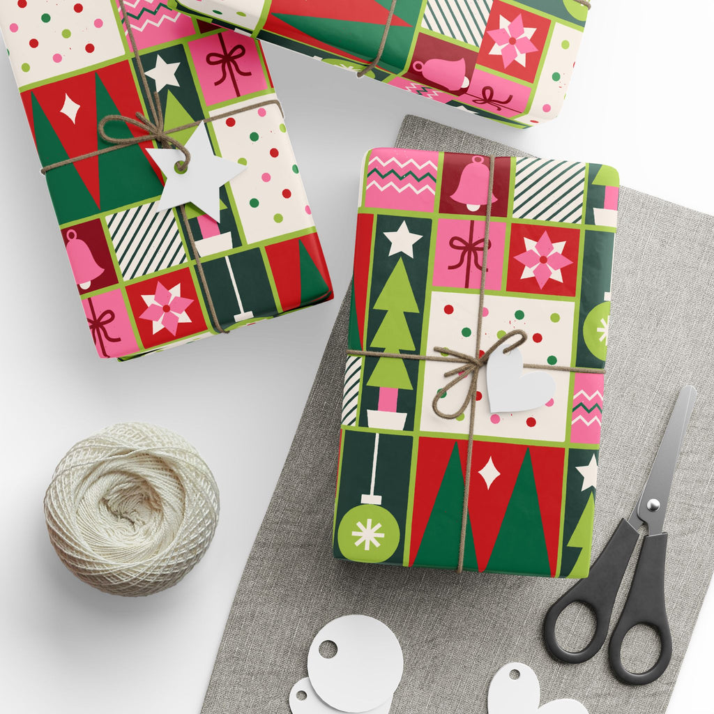 Christmas Patchwork Wrapping Paper Roll — Festive Green & Red Holiday Gift Wrap
