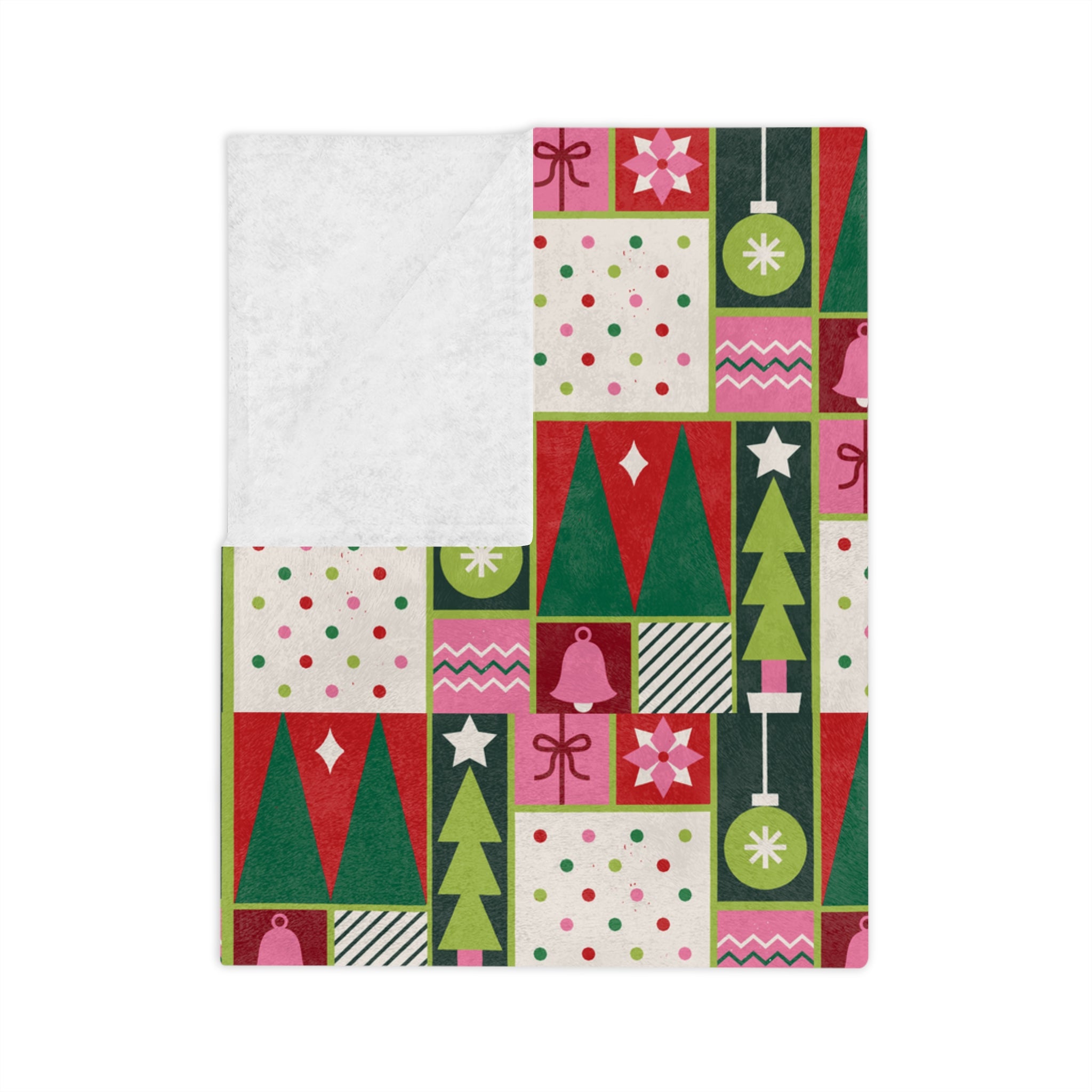 Christmas Patchwork Velvet Blanket — Retro Trees & Ornaments Holiday Throw