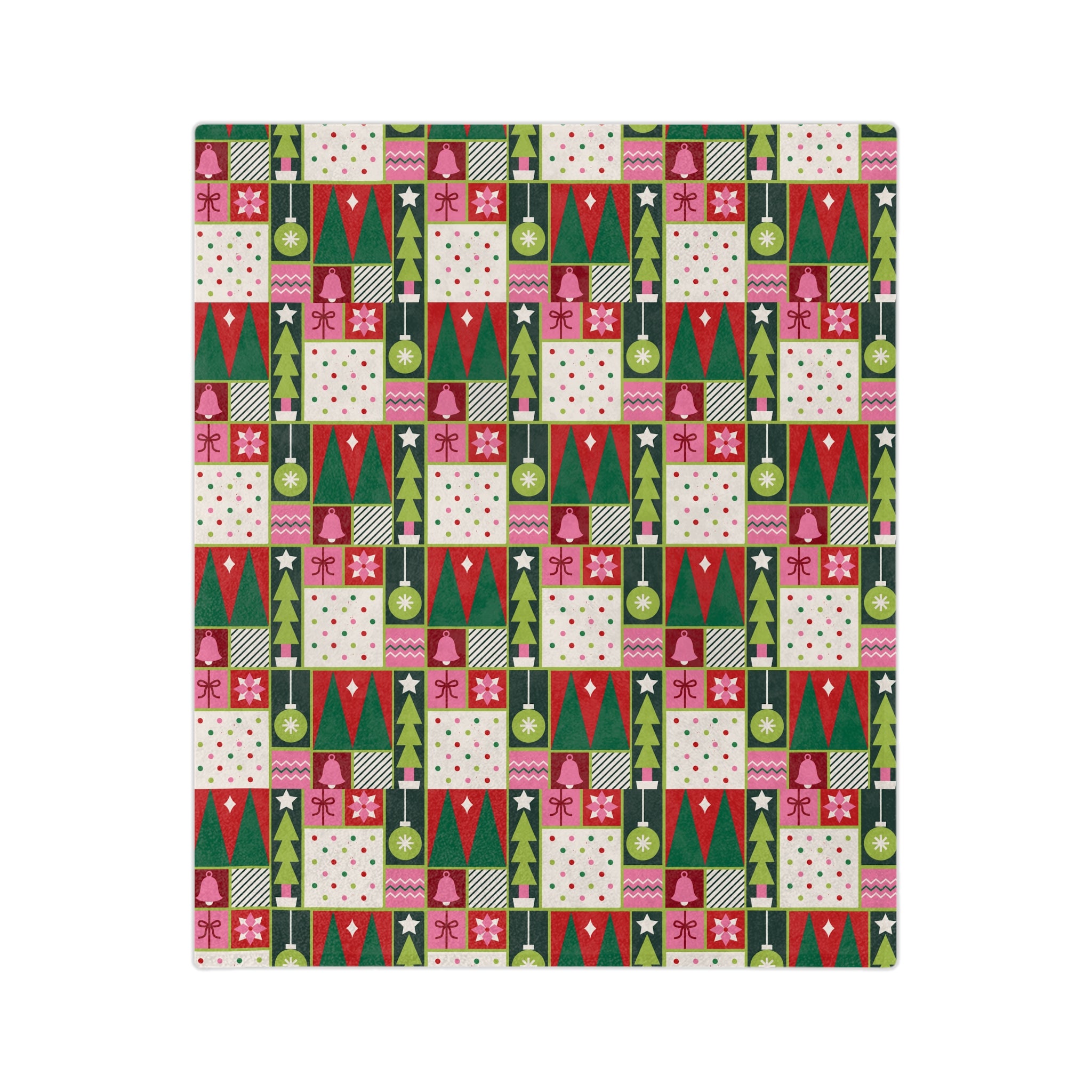 Christmas Patchwork Velvet Blanket — Retro Trees & Ornaments Holiday Throw