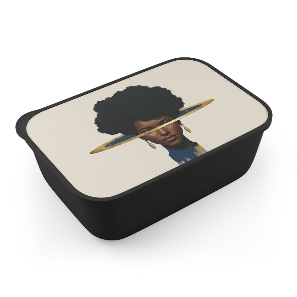 Artistic Afro Portrait Bento Box with Utensils — Stylish Eco PLA Lunch Container