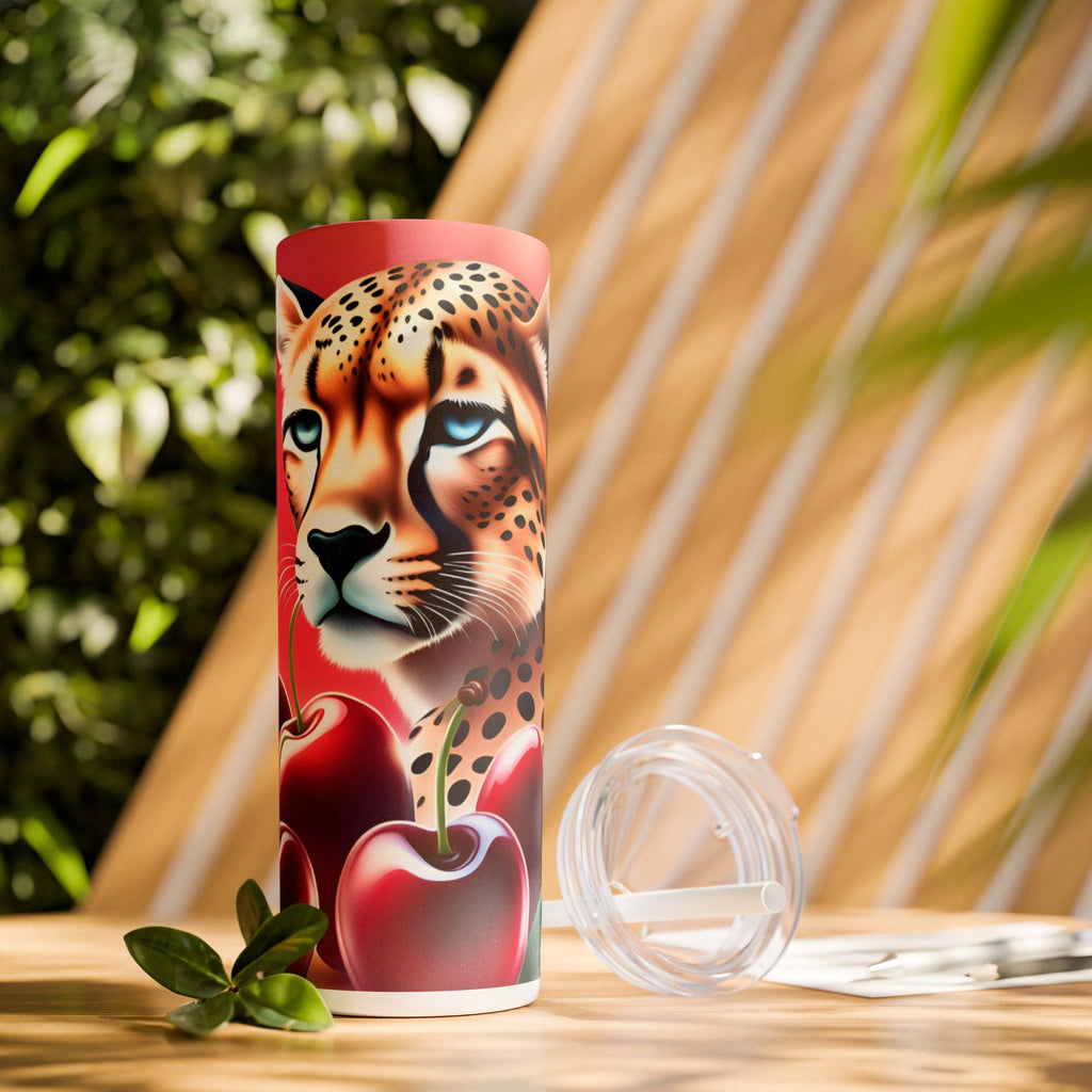 Wild Cherry Leopard Skinny Tumbler with Straw, 20oz - Vibrant Travel Mug for Nature Lovers