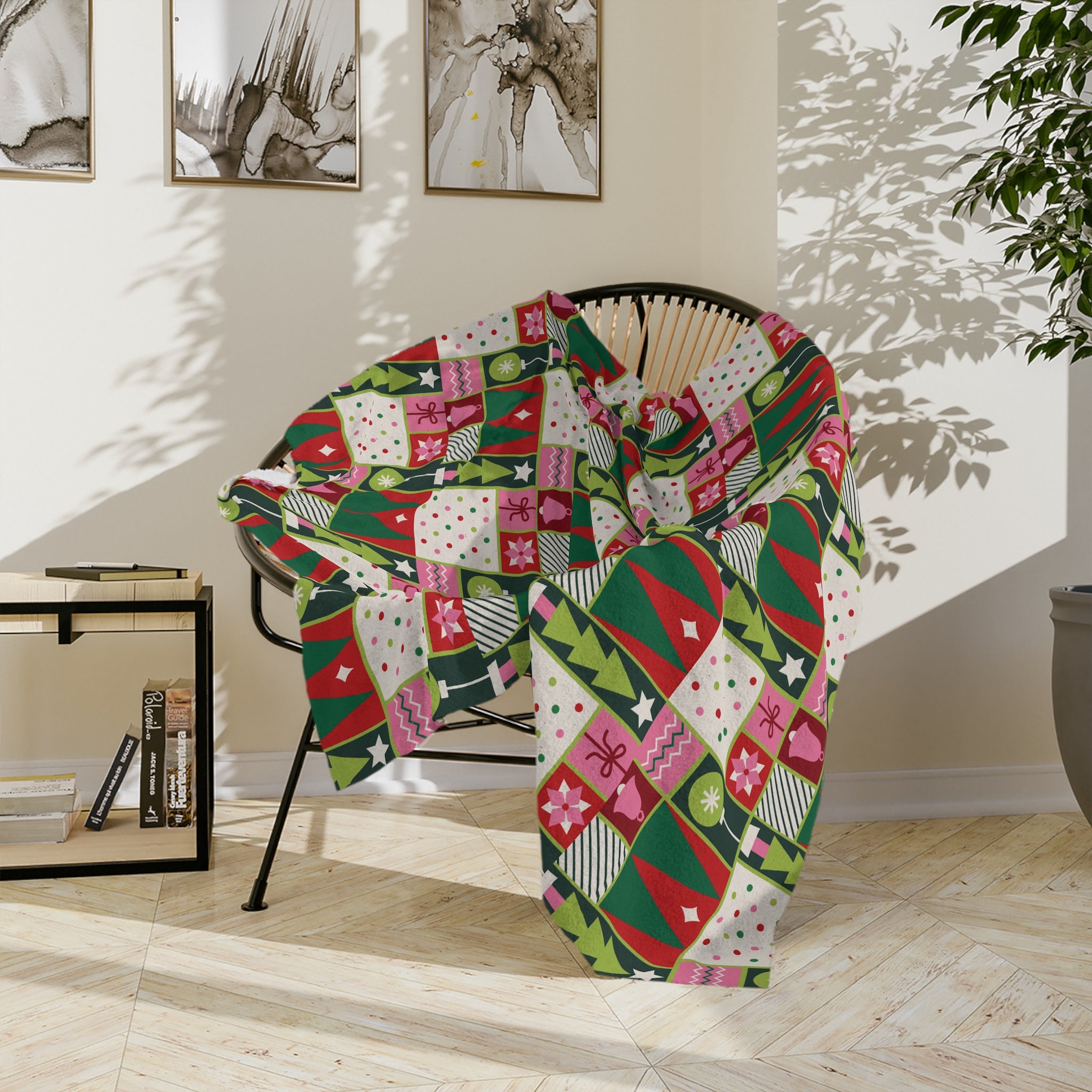 Christmas Patchwork Velvet Blanket — Retro Trees & Ornaments Holiday Throw