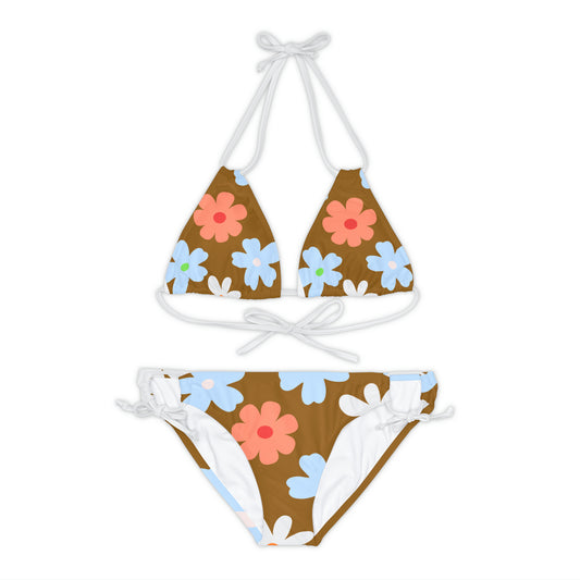 Brown Floral Strappy Bikini Set