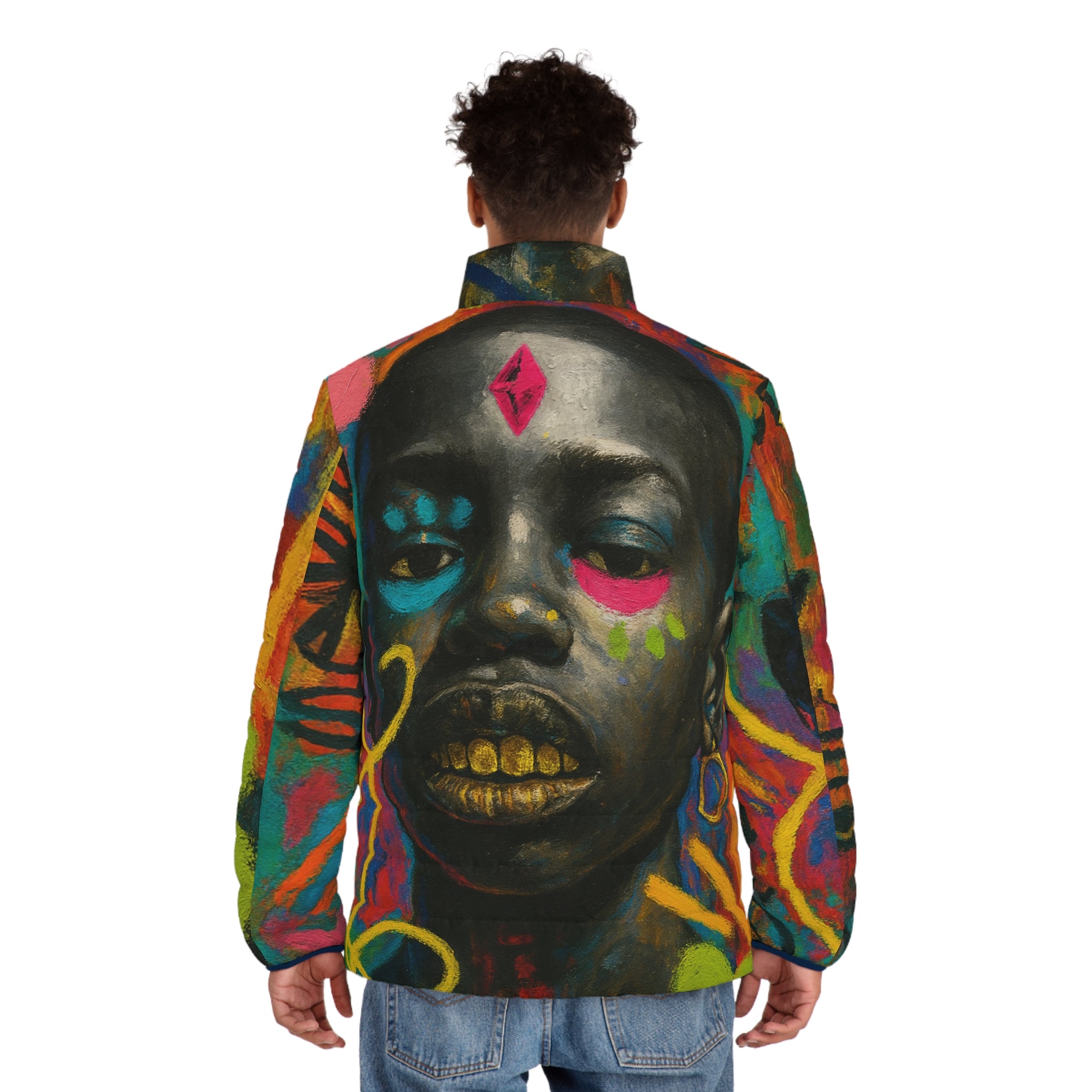 Graffiti Portrait Puffer Jacket — Bold Urban Art Winter Coat