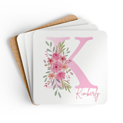 Personalized Floral Initial Corkwood Coaster Set