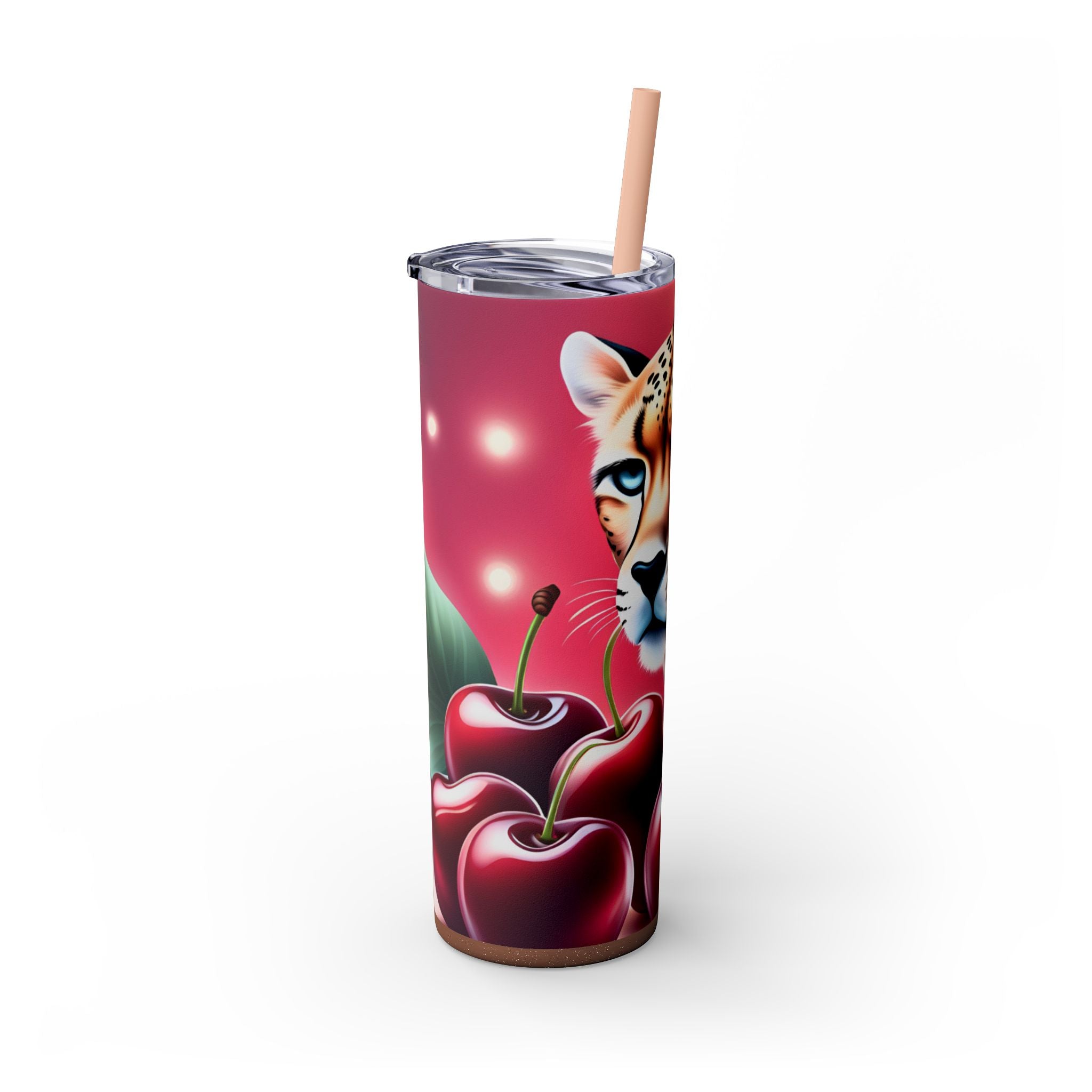 Wild Cherry Leopard Skinny Tumbler with Straw, 20oz - Vibrant Travel Mug for Nature Lovers