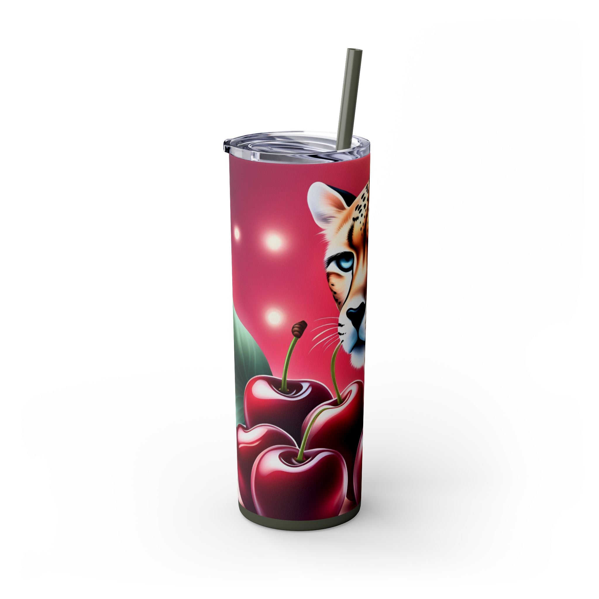 Wild Cherry Leopard Skinny Tumbler with Straw, 20oz - Vibrant Travel Mug for Nature Lovers