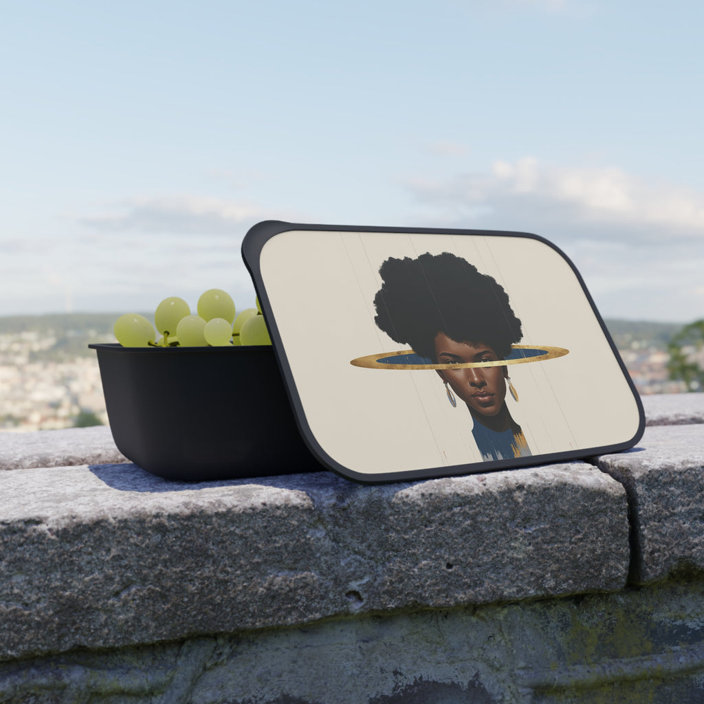 Artistic Afro Portrait Bento Box with Utensils — Stylish Eco PLA Lunch Container