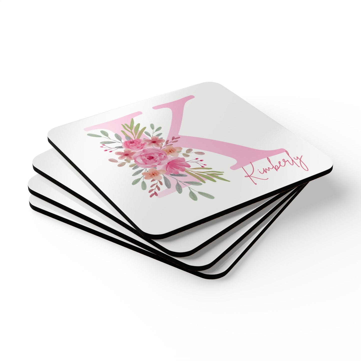 Personalized Floral Initial Corkwood Coaster Set