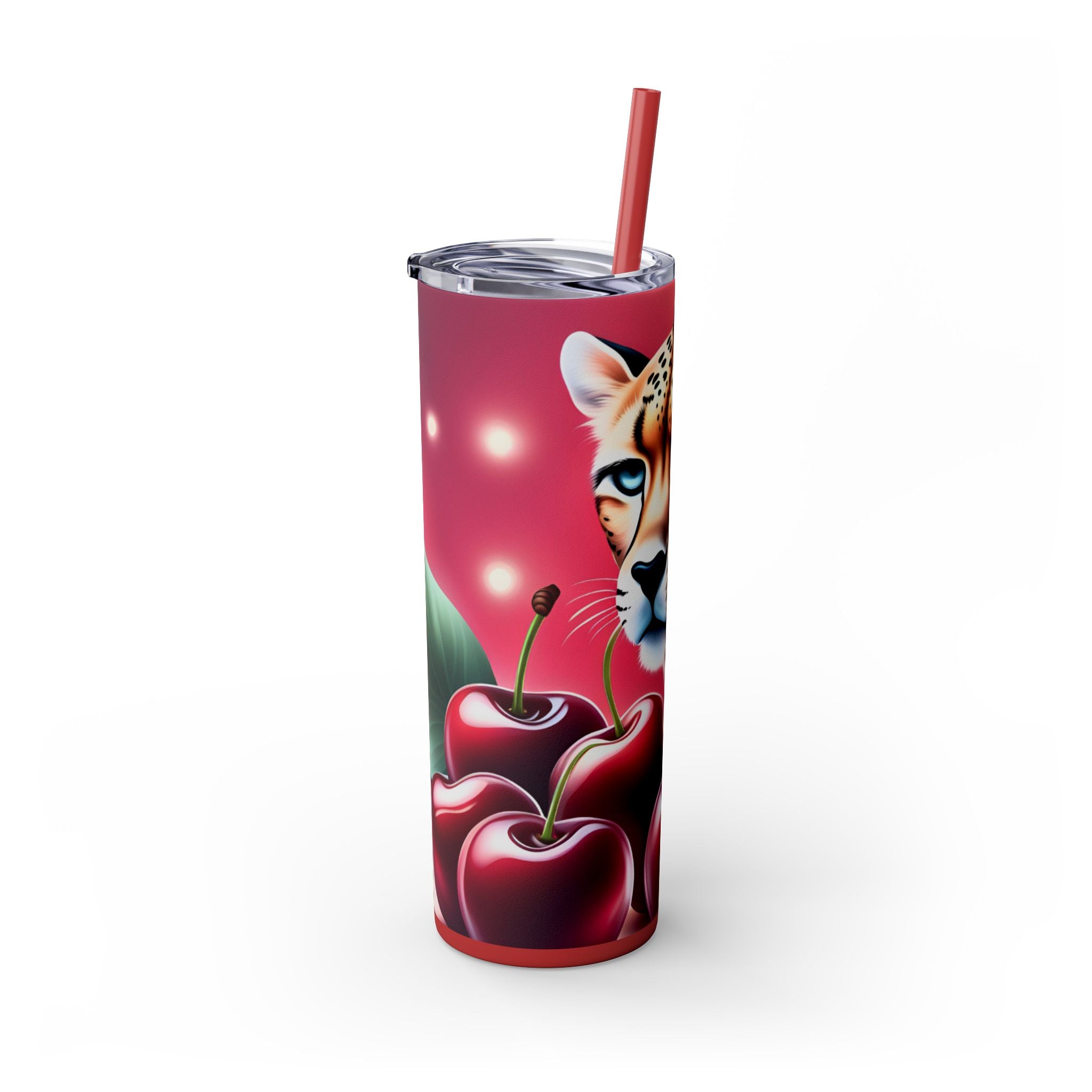 Wild Cherry Leopard Skinny Tumbler with Straw, 20oz - Vibrant Travel Mug for Nature Lovers
