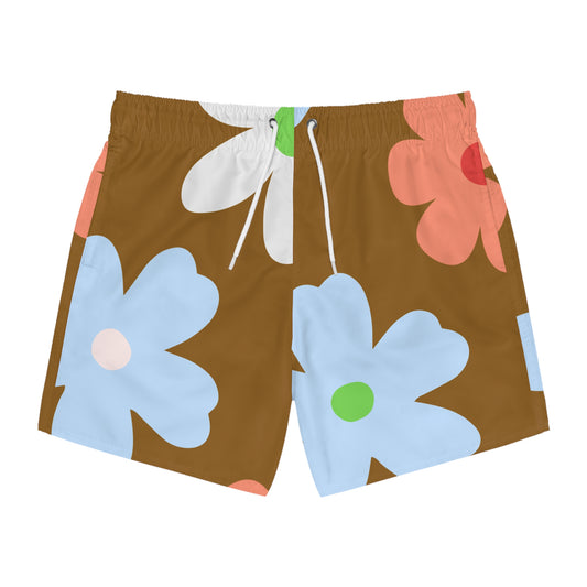 Brown Floral Swim Trunks