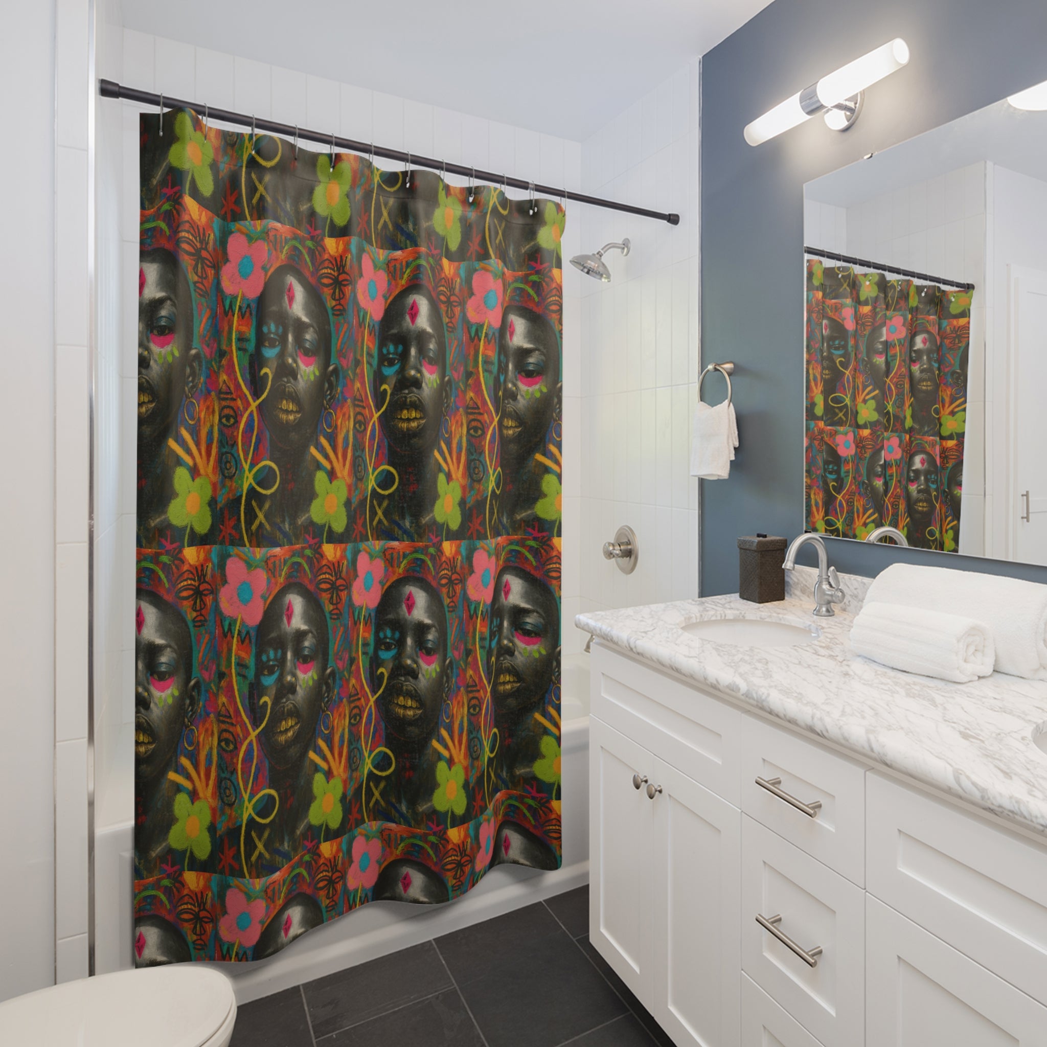 Bold Afrocentric Art Shower Curtain — Vibrant Floral Portrait Bathroom Decor