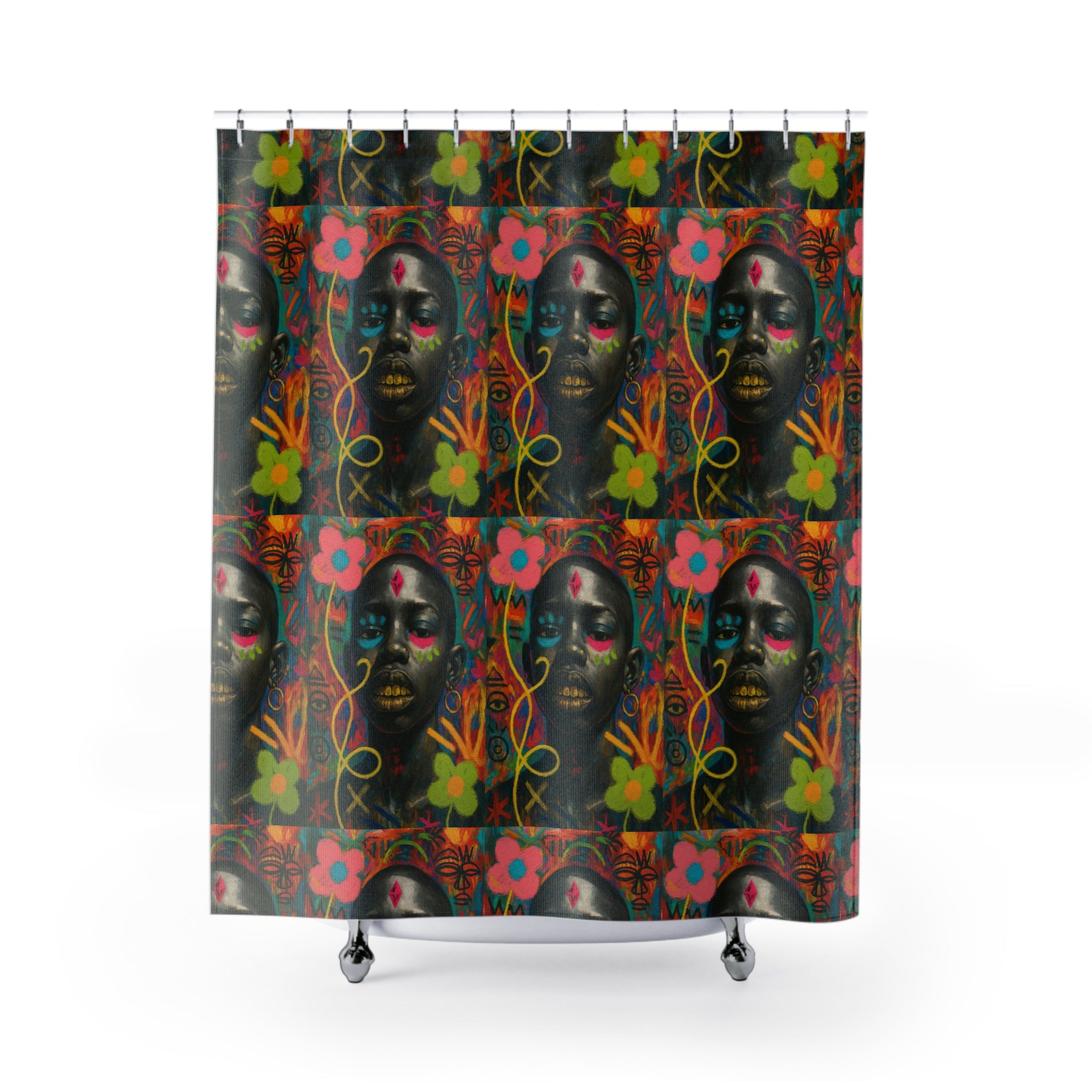 Bold Afrocentric Art Shower Curtain — Vibrant Floral Portrait Bathroom Decor