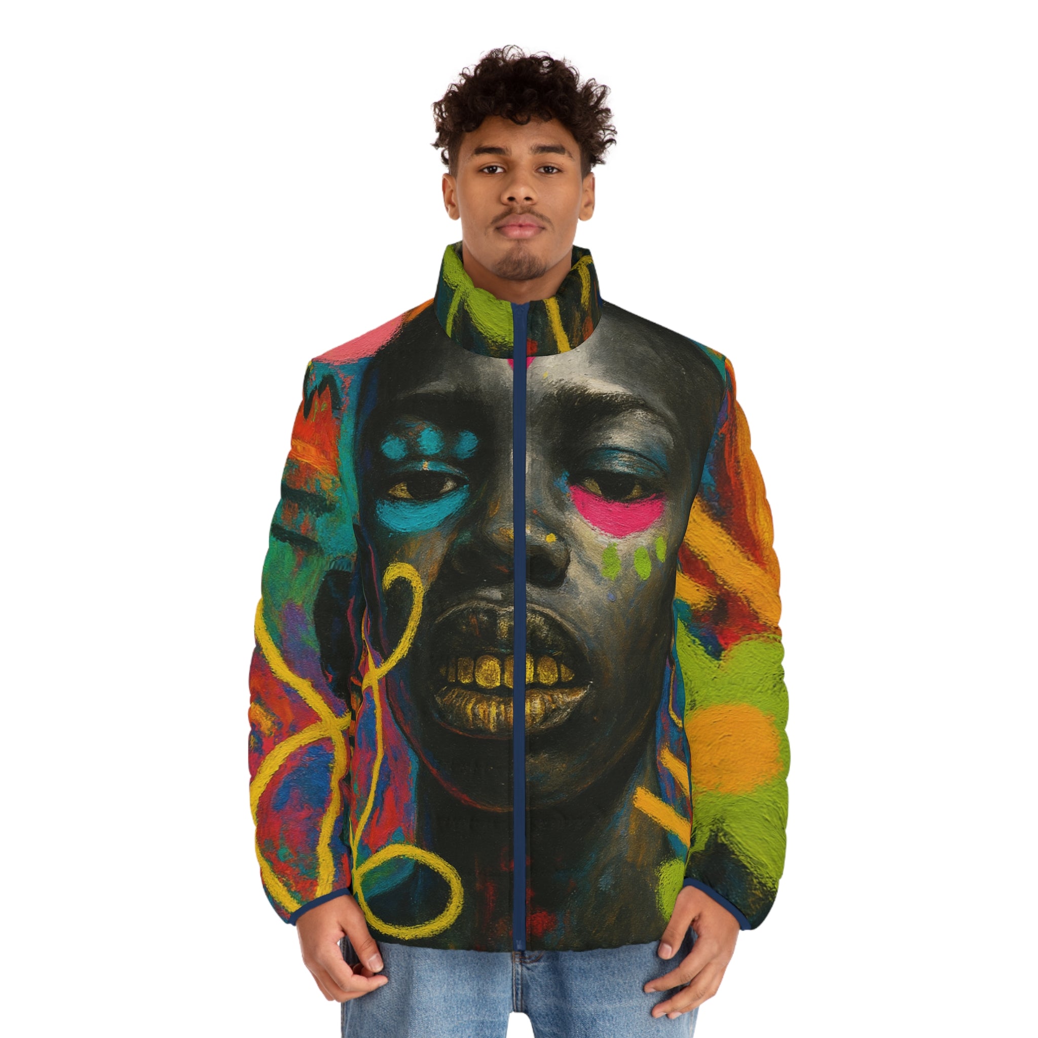 Graffiti Portrait Puffer Jacket — Bold Urban Art Winter Coat