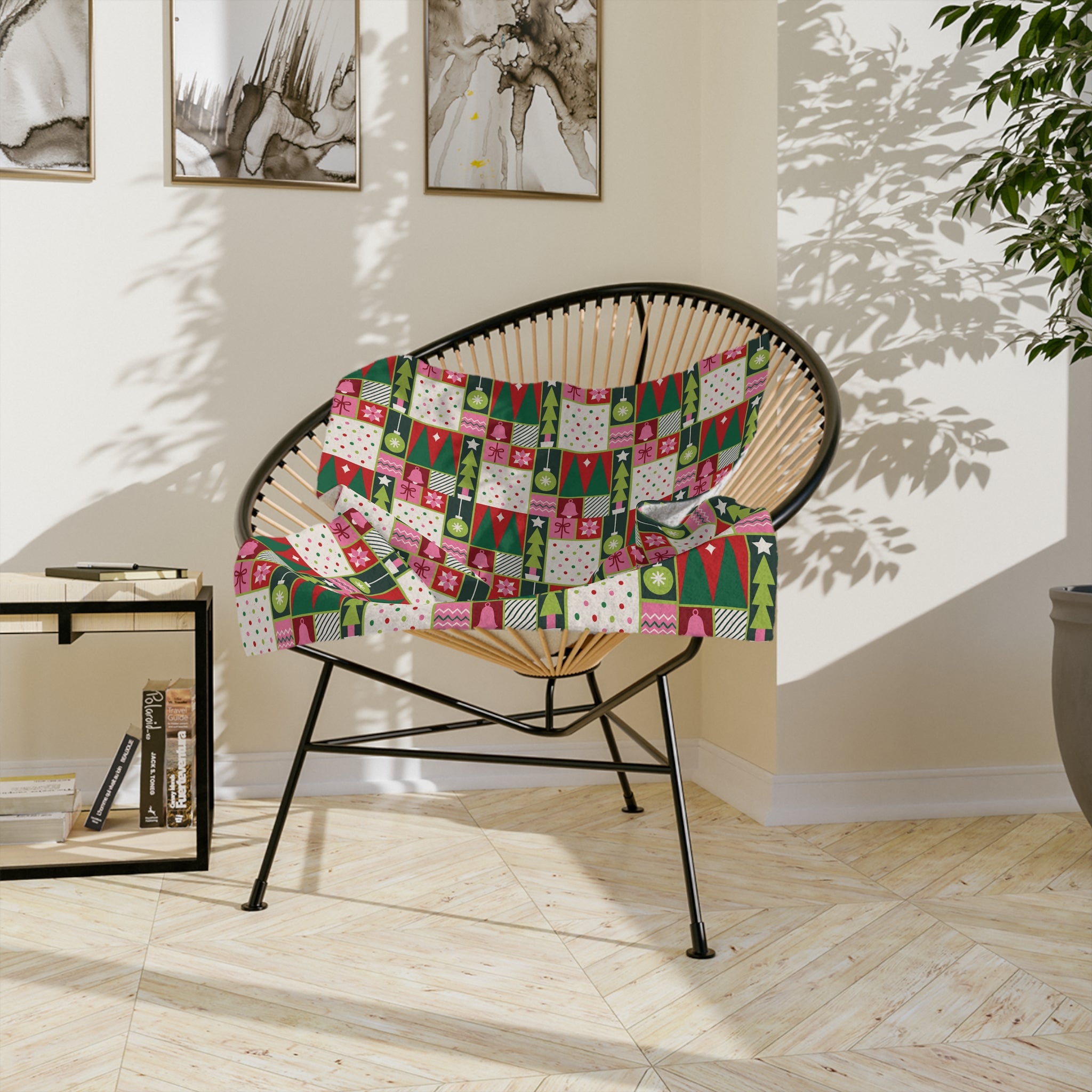 Christmas Patchwork Velvet Blanket — Retro Trees & Ornaments Holiday Throw