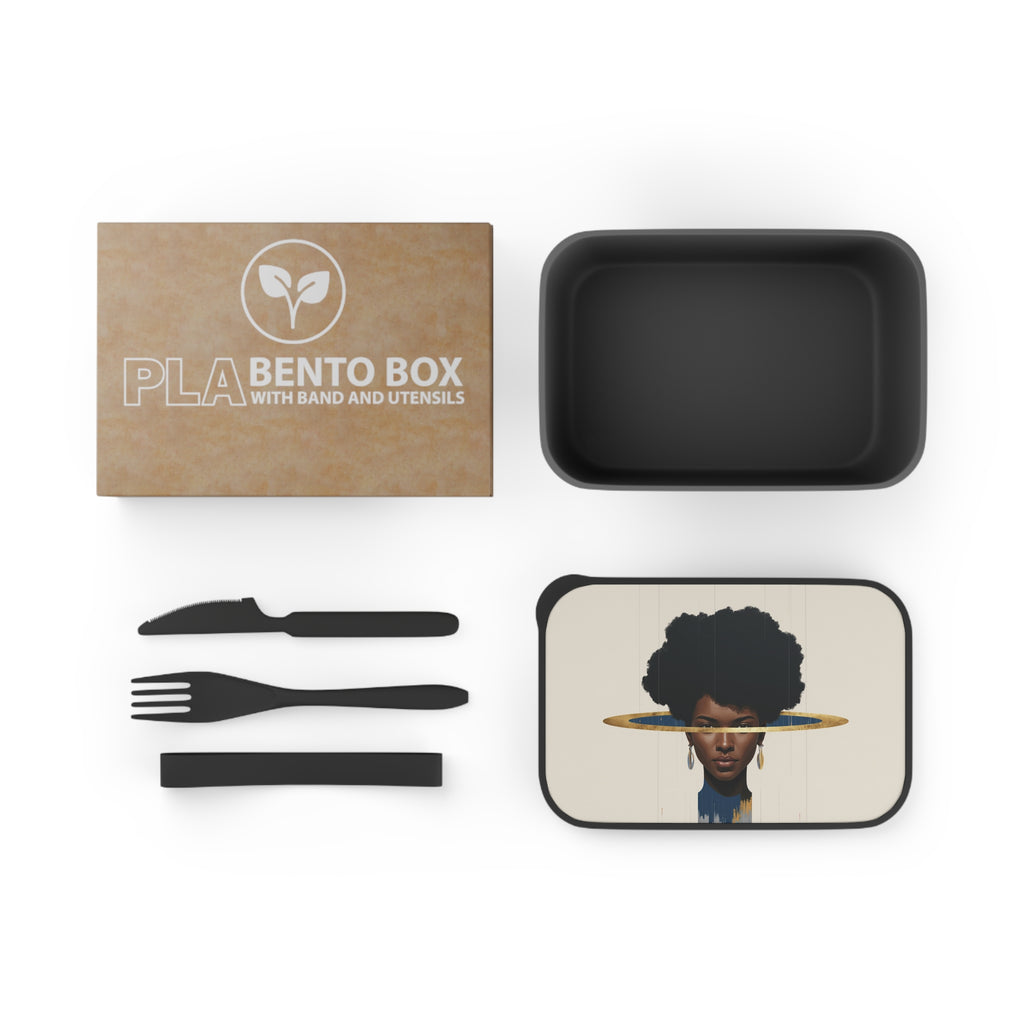 Artistic Afro Portrait Bento Box with Utensils — Stylish Eco PLA Lunch Container