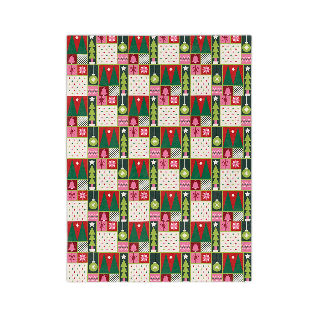 Christmas Patchwork Velvet Blanket — Retro Trees & Ornaments Holiday Throw