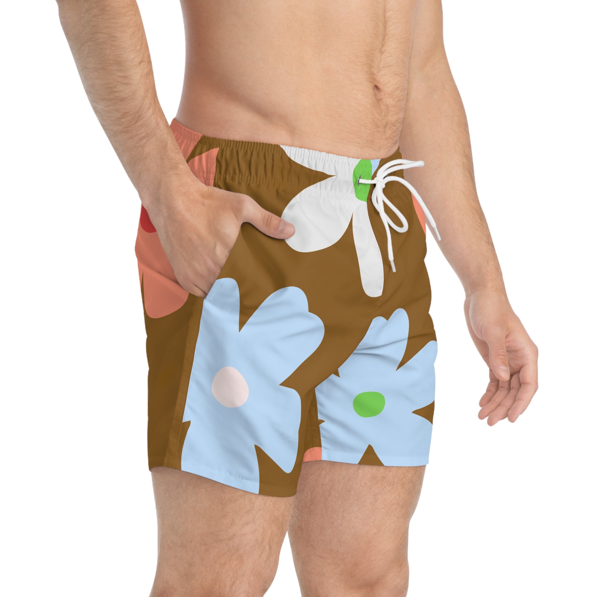 Brown Floral Swim Trunks