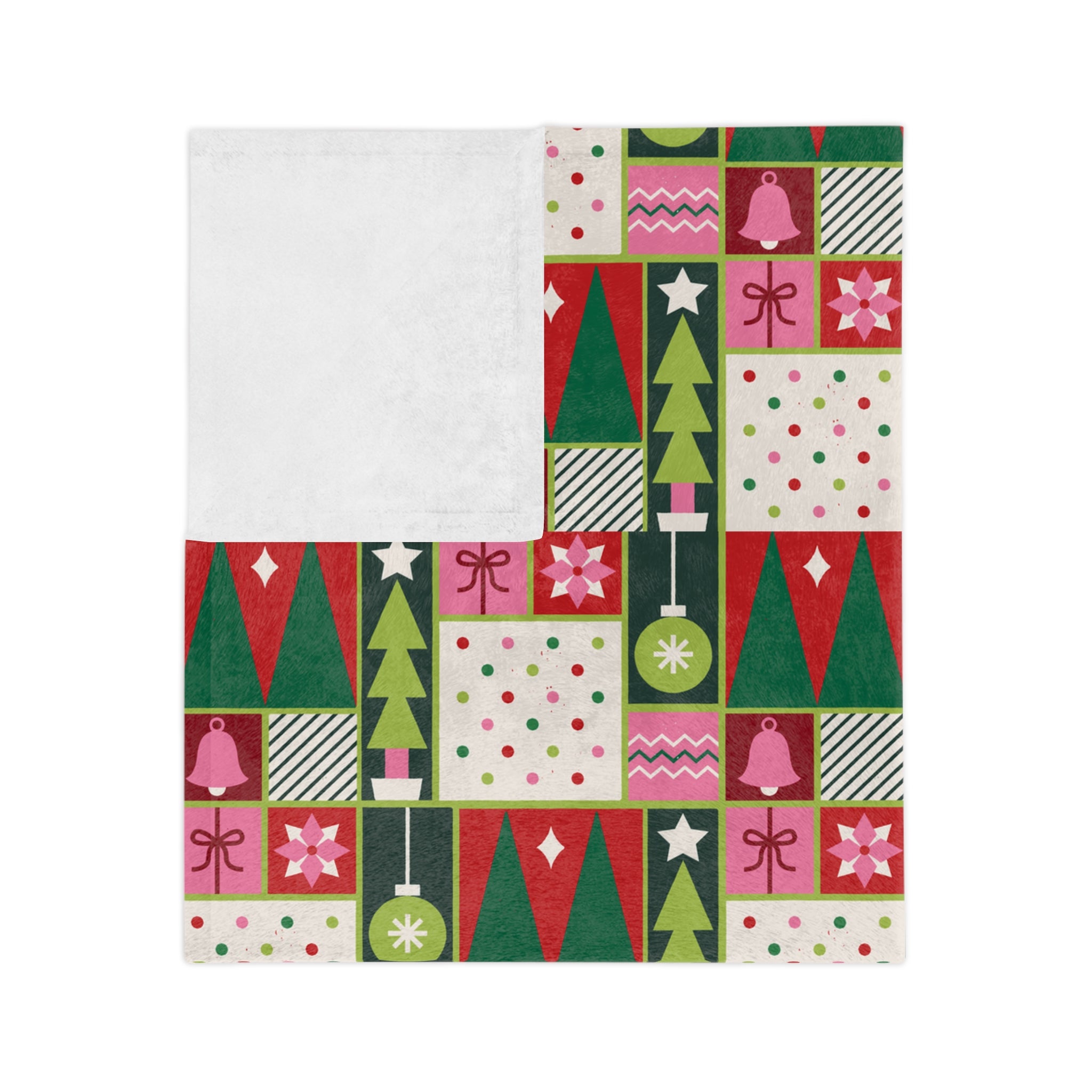 Christmas Patchwork Velvet Blanket — Retro Trees & Ornaments Holiday Throw
